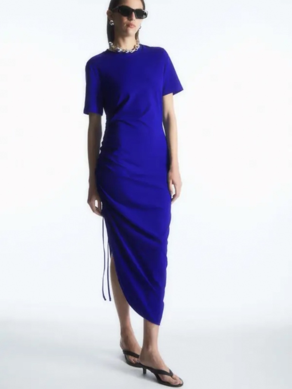 COS Gathered Side T-Shirt Dress Blue Stretch Cotton Asymmetrical Midi Dress